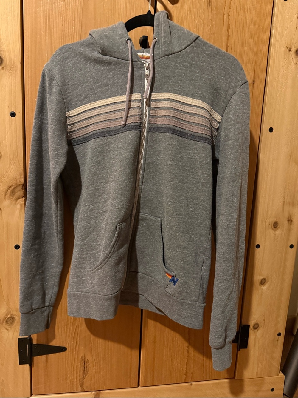 Aviator Nation Gray Zip Hoodie with Striped Chest and Gold Zip
